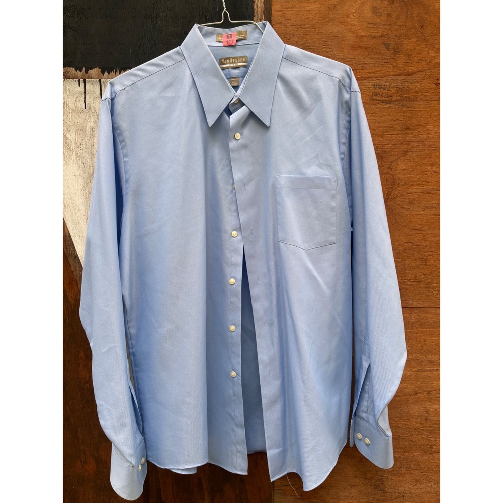 Van Heusen Dress Shirt Mens 17.5 34/35 Blue Excellent Fitted Long Sleeve Pocket
